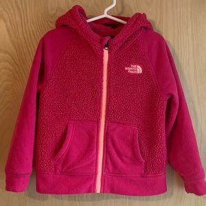 Pink North Face hooded zip-up fleece, size 4T.